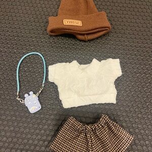 Labubu clothes - Brown Beanie and Plaid Shorts Set with mobile phone